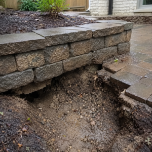 Soil washout near a retaining wall with settled patio stones.