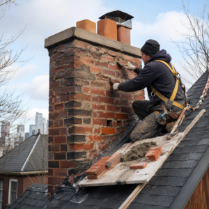 Mason repairing upper chimney masonry near the cap area.