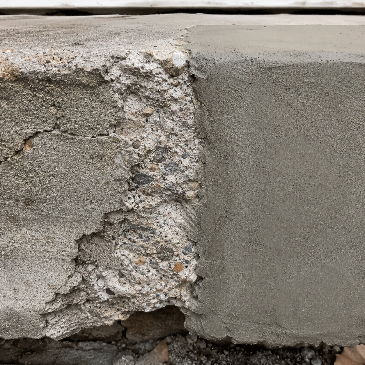 Spalling concrete repair showing flaking and chipped concrete surface damage