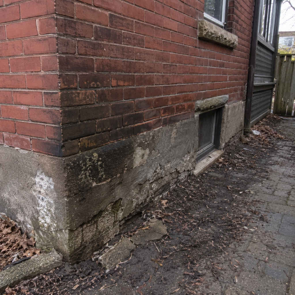 Water damage and moisture staining near the foundation of an older Toronto brick home