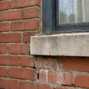 Cracked mortar and staining around a window in an older brick wall.
