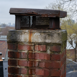 Loose rusted chimney cap with staining and cracked mortar.
