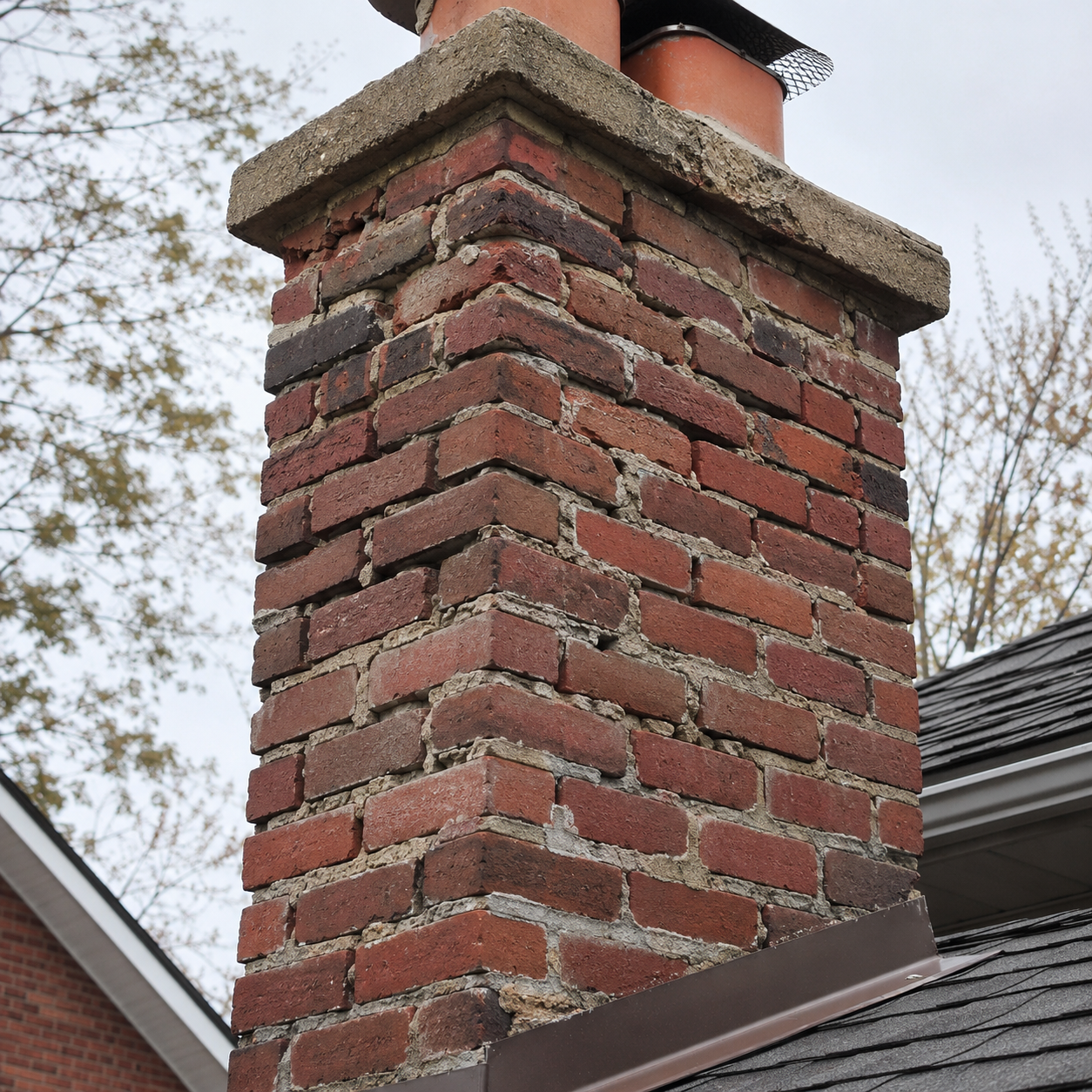 Crumbling and missing mortar joints on a brick chimney.