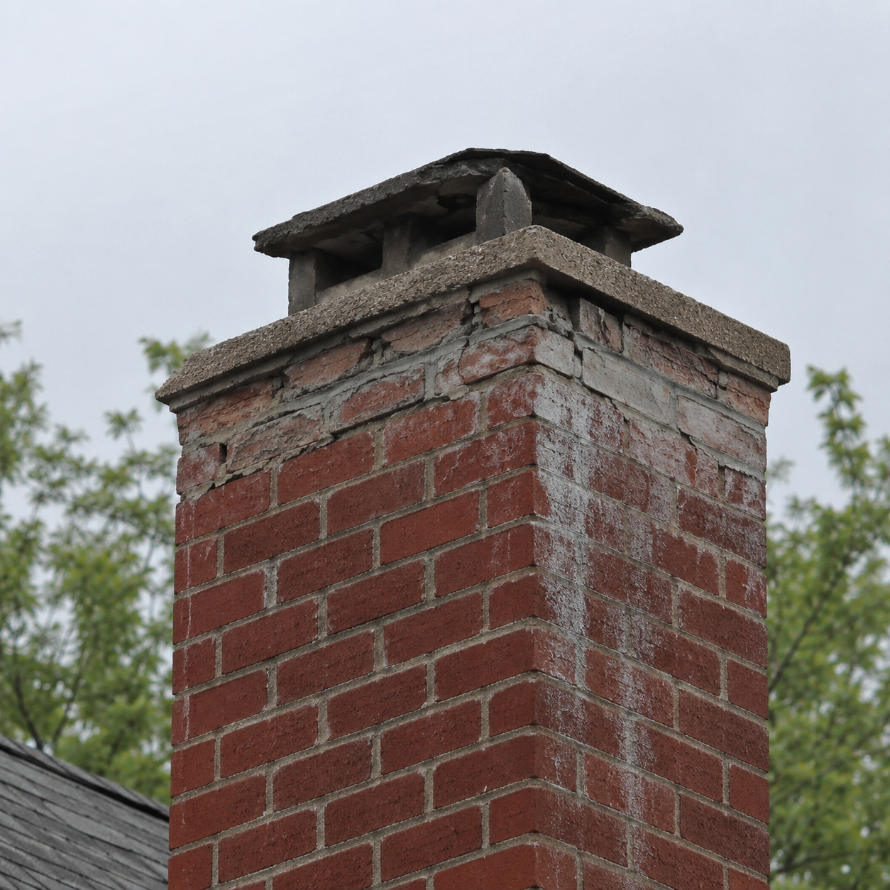 Damaged chimney cap on an older Toronto brick chimney.