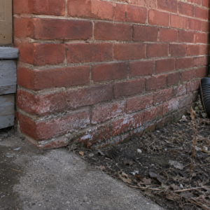 Moisture damage and freeze-thaw wear near a lower Toronto brick wall.