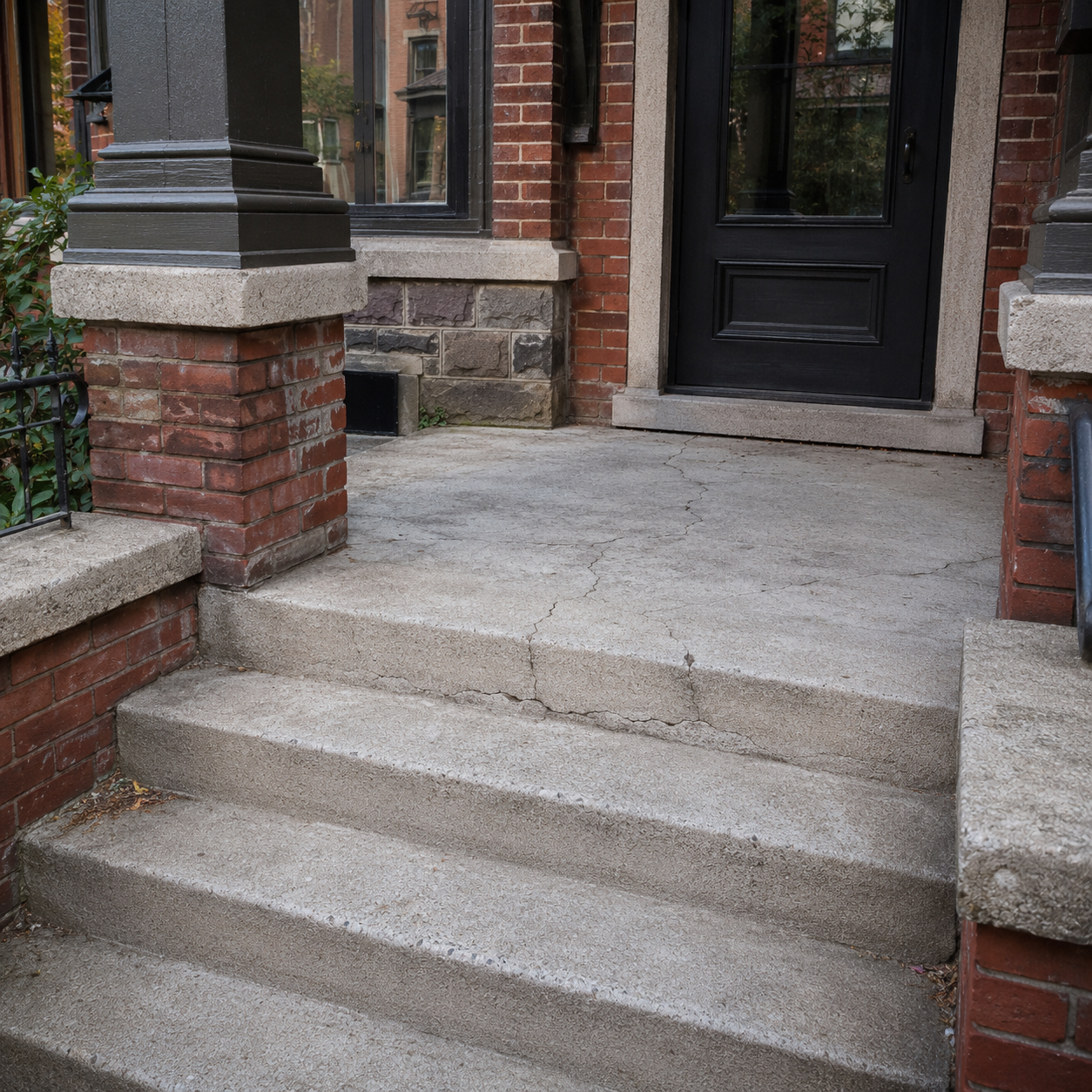 Cracked concrete steps and porch surface outside a Toronto brick home