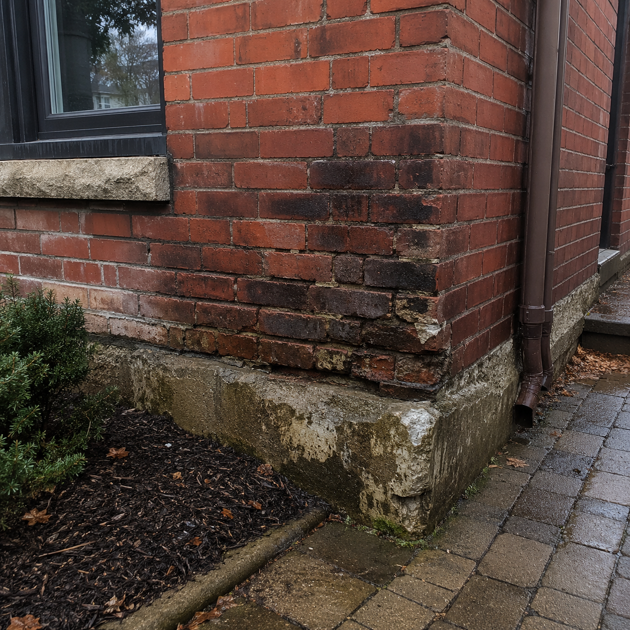 Water-damaged brick and masonry near the foundation of a Toronto home
