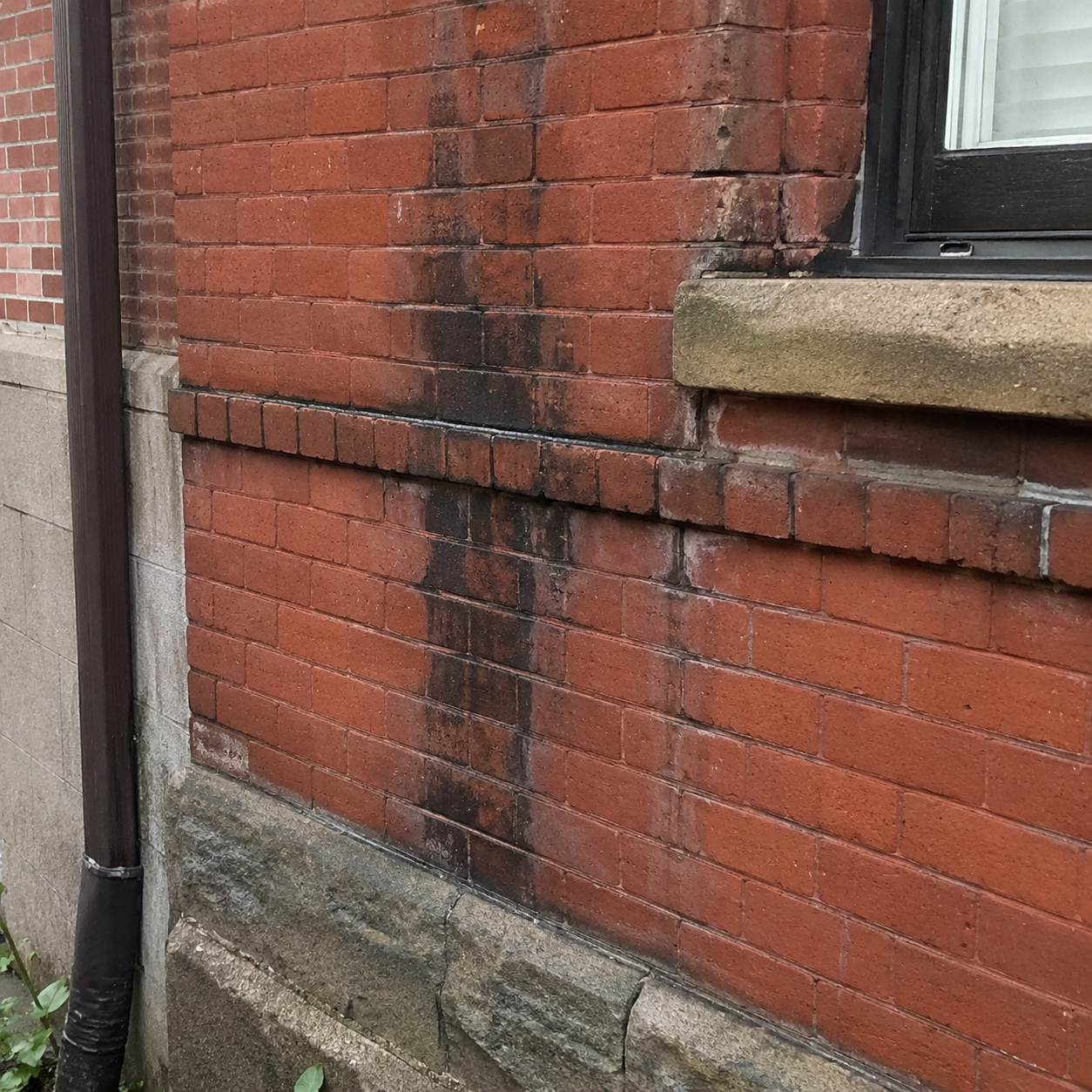 Water staining around brickwork and mortar joints
