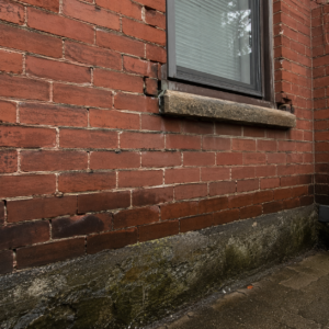 Cracked mortar and damp lower brickwork showing possible water entry points.