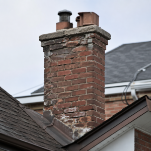 Weathered Toronto brick chimney with cracked mortar and damp staining.