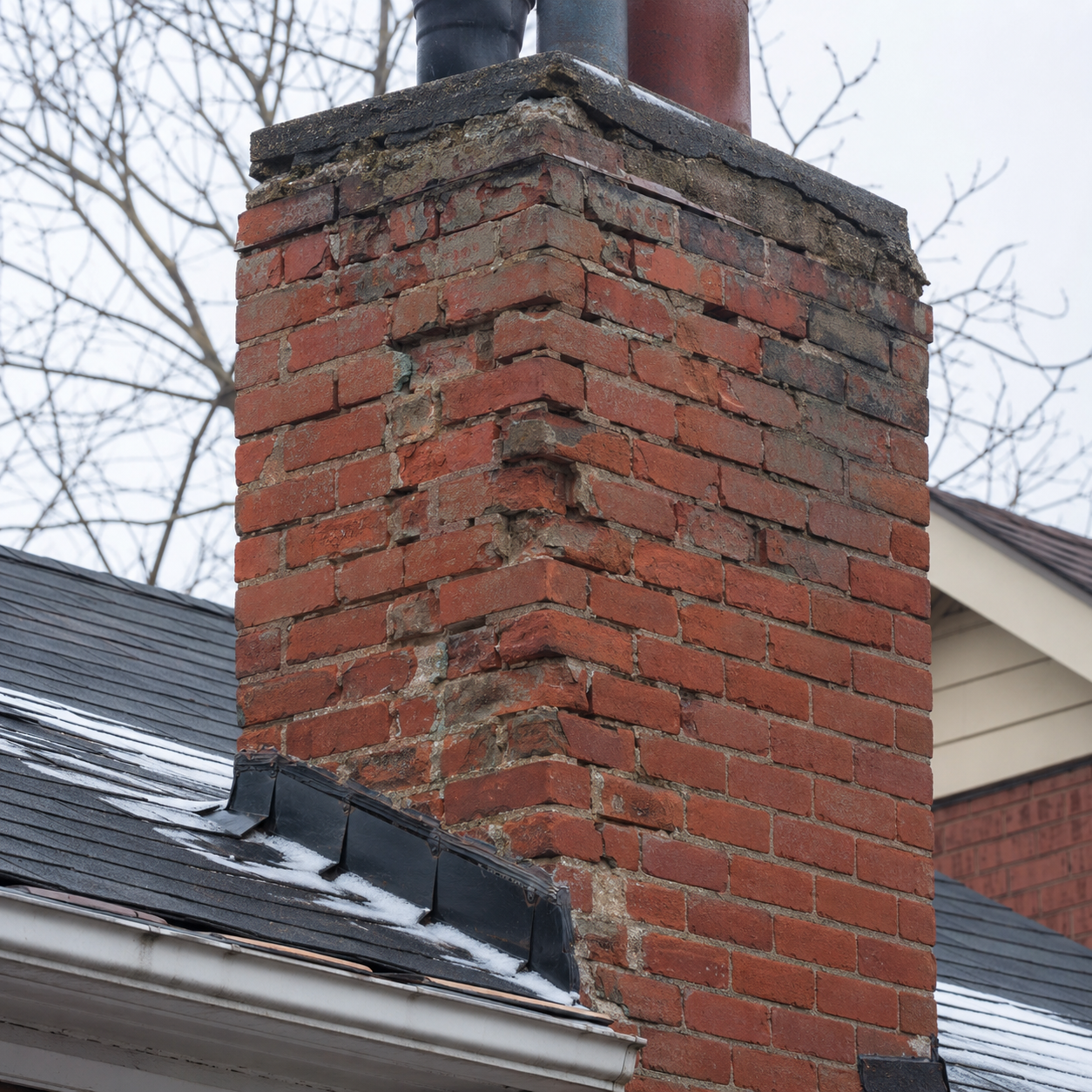 Freeze-thaw damage on an older Toronto brick chimney.