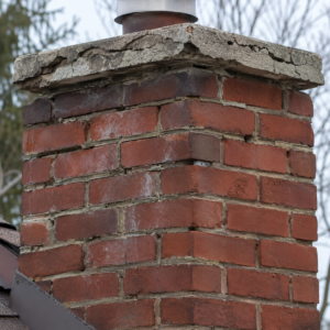 Failing mortar joints below a damaged chimney crown.