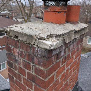 Damaged chimney crown with cracks and water staining.