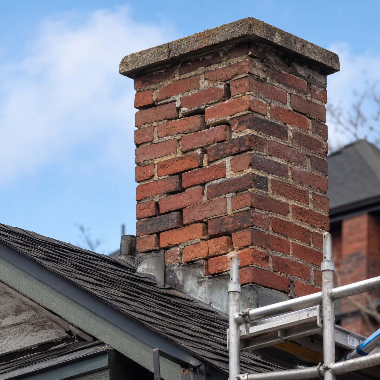 Loose chimney bricks near the roofline of a Toronto home.