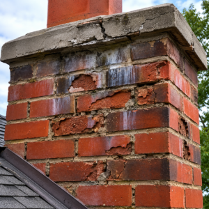 Spalling bricks below a cracked chimney crown.