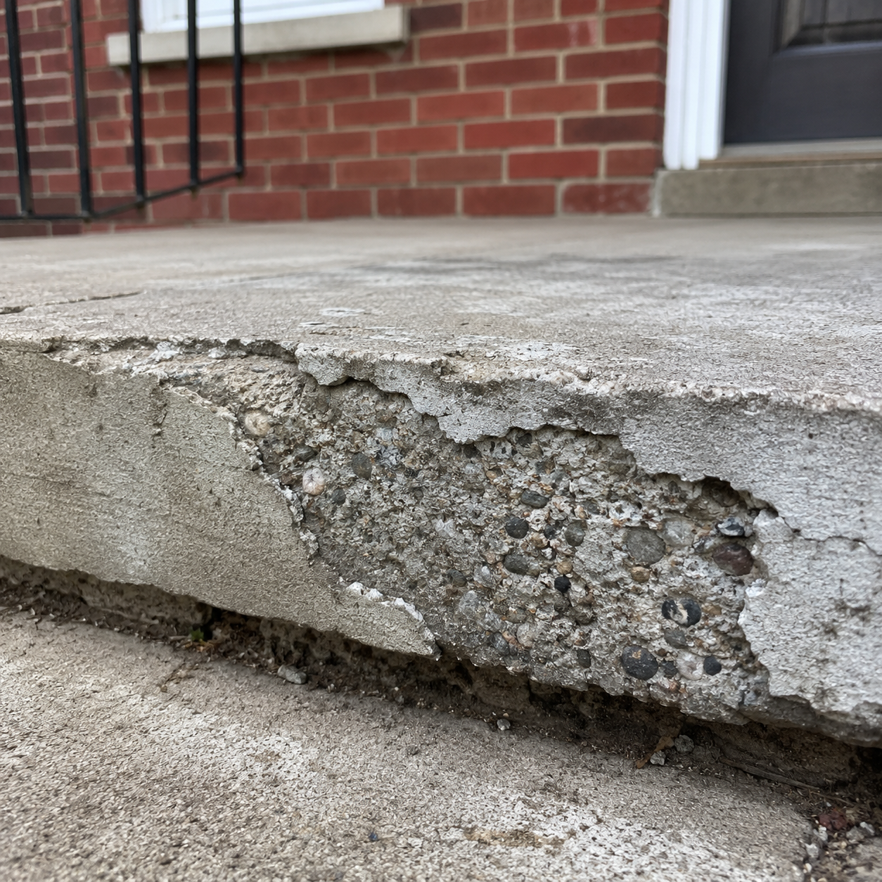 Spalling and chipped concrete on a damaged porch step