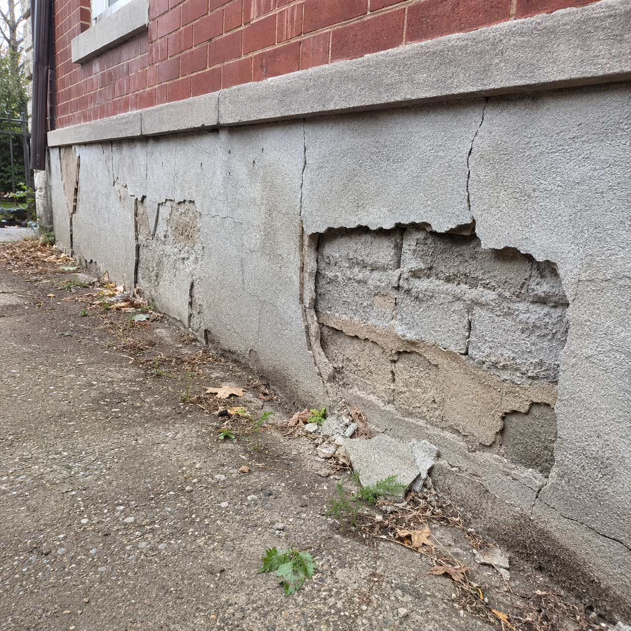 Cracking and flaking foundation parging on a Toronto home