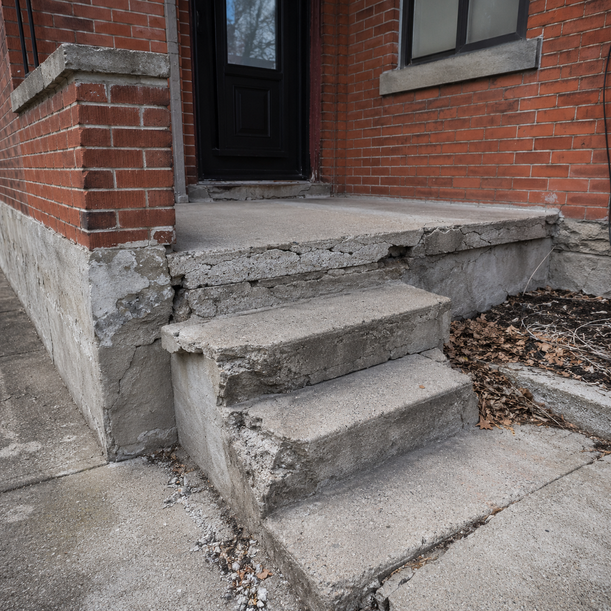 Brick, concrete, or stone damage near grade on a Toronto home
