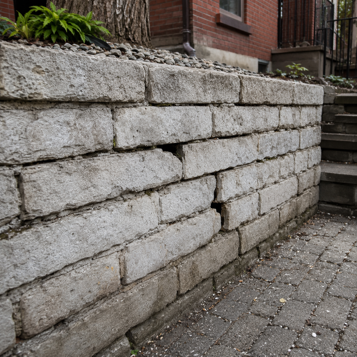Failed mortar joints and open gaps in a damaged retaining wall.