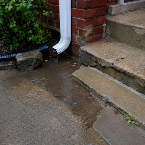 Poor drainage causing water to pool near cracked concrete steps.