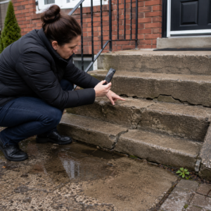 Homeowner checking cracked concrete steps for damage and water pooling.