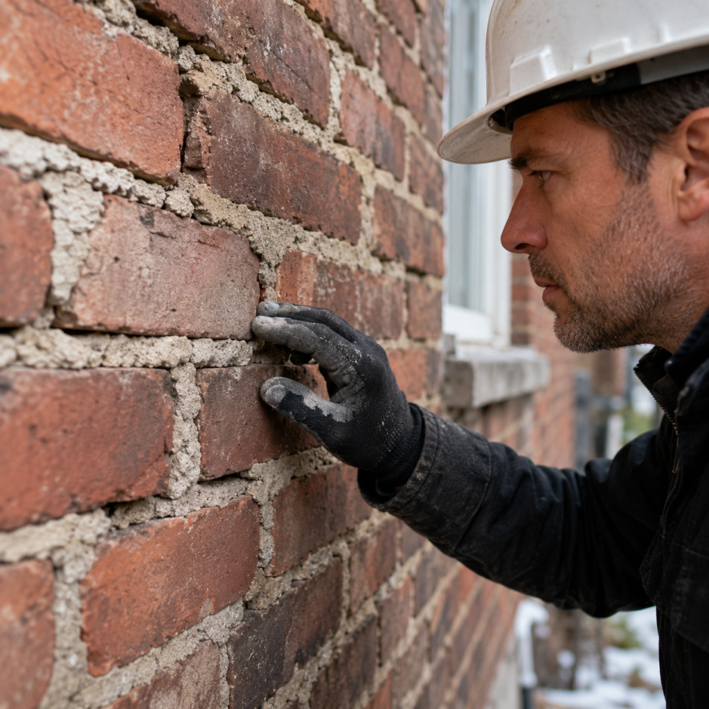 Toronto tuckpointing contractor inspecting cracked mortar joints on older brickwork
