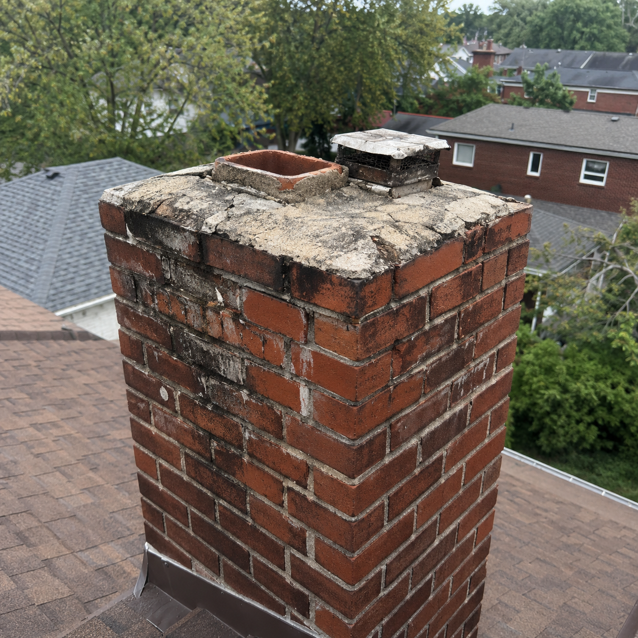 Missing or damaged chimney cap on an older brick chimney.