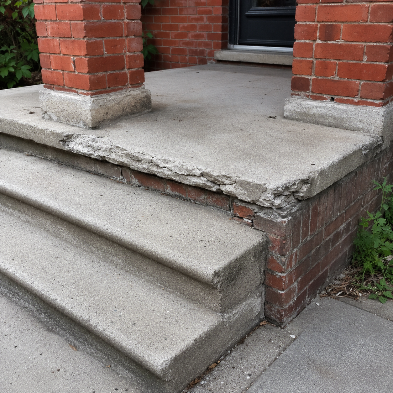Broken concrete edges around a residential entrance landing